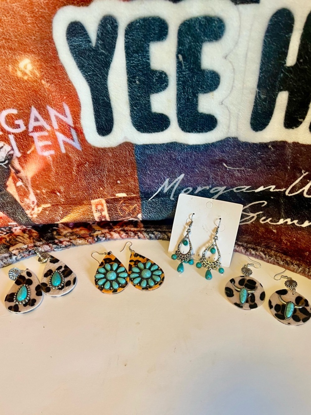 Turquoise Silver Cowprint Drop Earrings Festival Boho Concerts